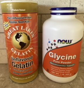 Canisters of Great Lakes Gelatin and a Glycine Supplement