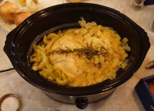 finished chicken in slow cooker